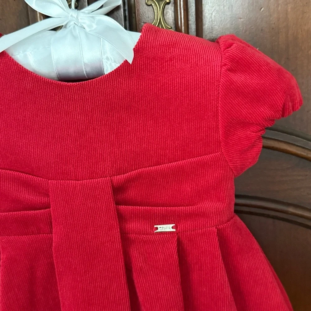 Mayoral Baby Girl 9M Red Corduroy Christmas Holiday Dress Spain Puff Sleeve